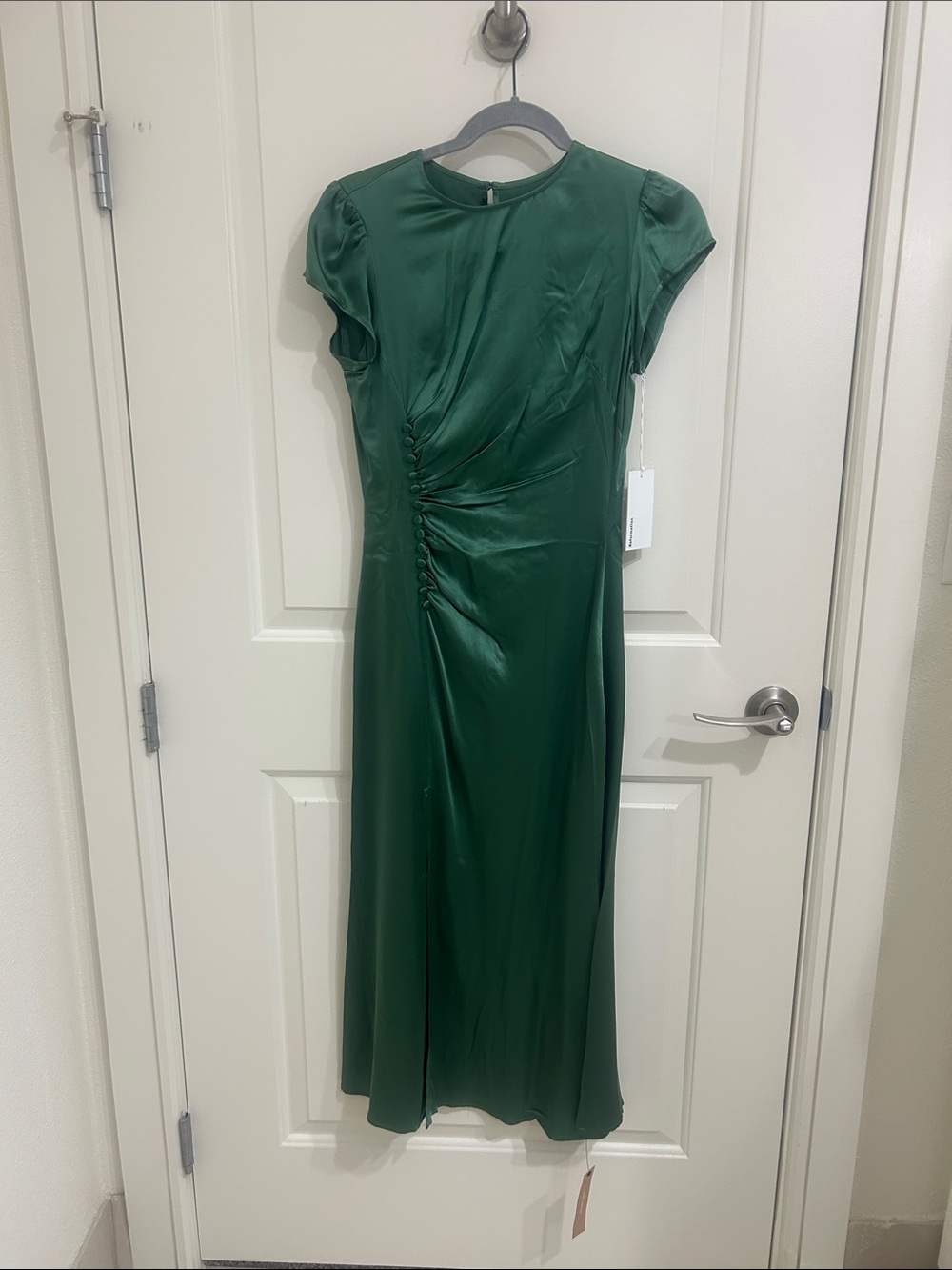 Reformation Tatianna Silk Dress Bottle Green - Size 0 - Picture 2 of 5